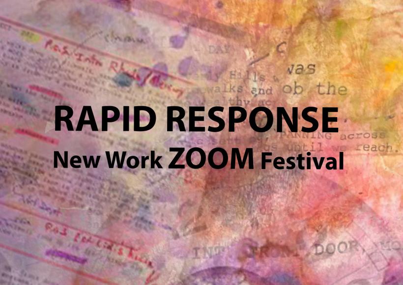 Rapid Response Festival text with styalized paperwork behind