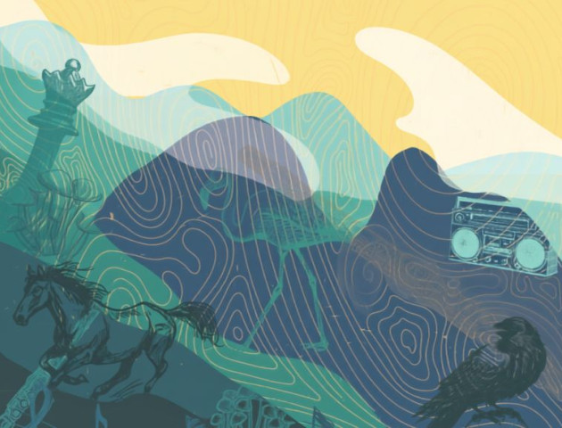 Colorful event poster in greens and yellows for the DEF Project flute choirs concert, "Uncharted: A Journey Into Unexpected Sound” at MCC Performing Arts Center, Mesa, AZ, on October 9, 2026, featuring whimsical music and animal-themed illustrations.
