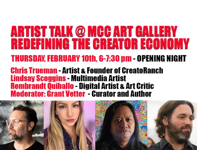 Artist Talk @ MCC Art Gallery with headshots of Trueman, Scoggins, Quiballe, and Vetter