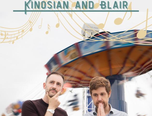 Kinosian and Blair contemplating in front of amusement park ride
