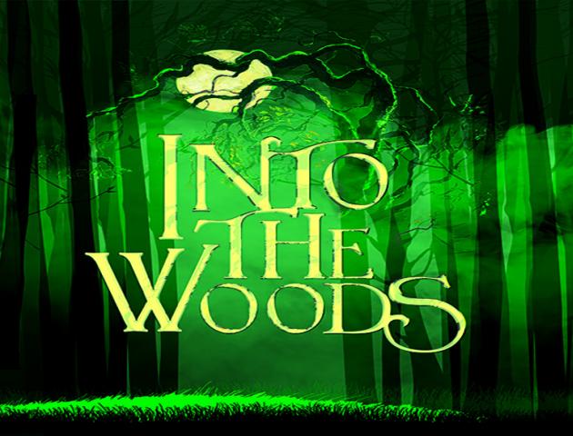 Illustrated forest at night with text Into the Woods.