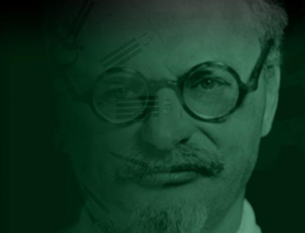 Portrait of a man with glasses; Clock overlay on left side. Green background.