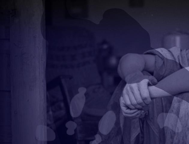 Depression Era seated man with scruffy beard in purples with overlay of mice tracks