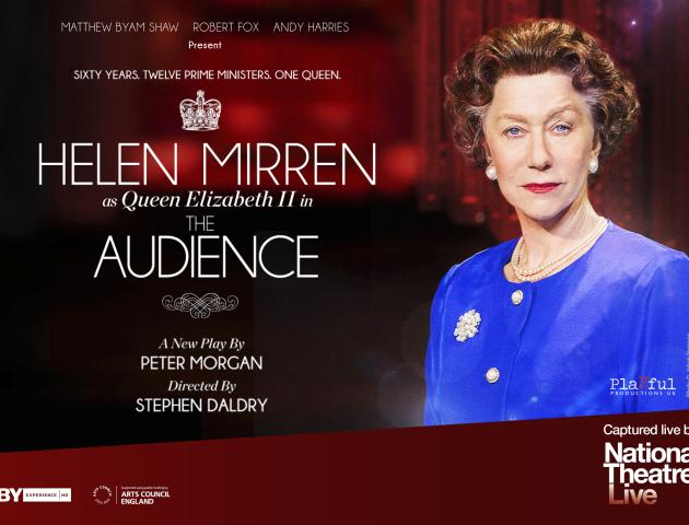 Portrait of Helen Mirren as Queen Elizabeth II wearing blue dress and pearls