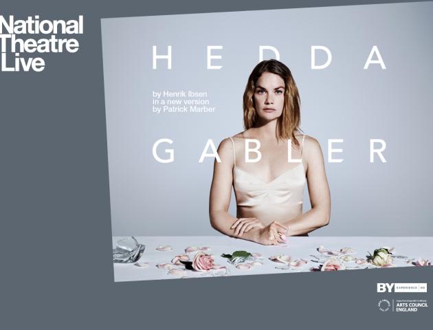 Hedda Gabler promotional poster featuring Hedda at a table covered with pink roses