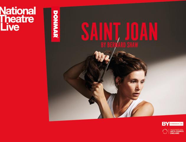 Promotional Poser for Saint Joan featuring Gemma Arterton cutting her hair with a dagger