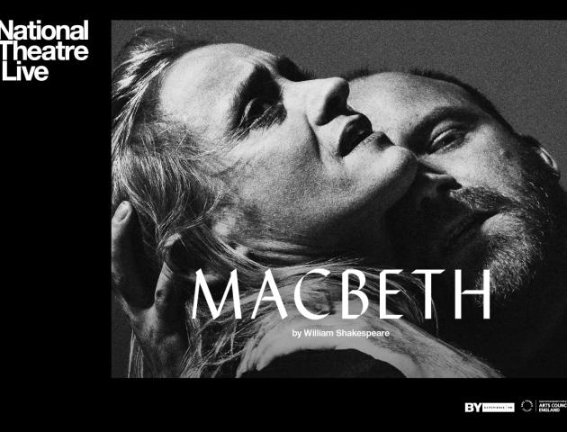 NT Live poster featuring Macbeth holding Lady Macbeth in a disturbing manner