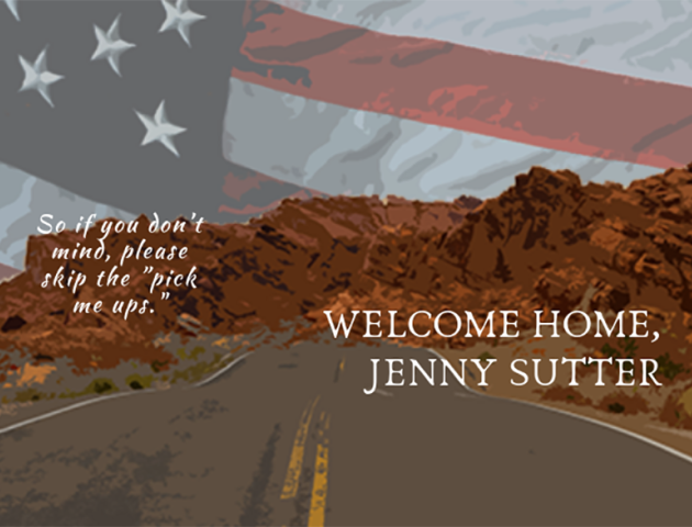 Desert highway with ghosted American flag in background