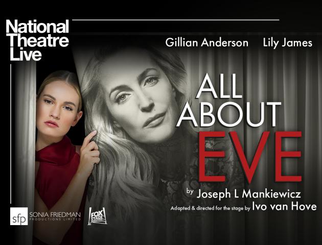 NT Live poster featuring woman peeking out from behind a curtain