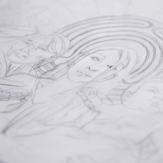 Line drawing of two adults and a baby.