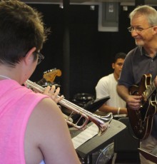 MCC Professor Peter Pancrazi interacts and entertains during band camp. 
