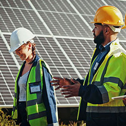 Two workers in front of a solar panel.