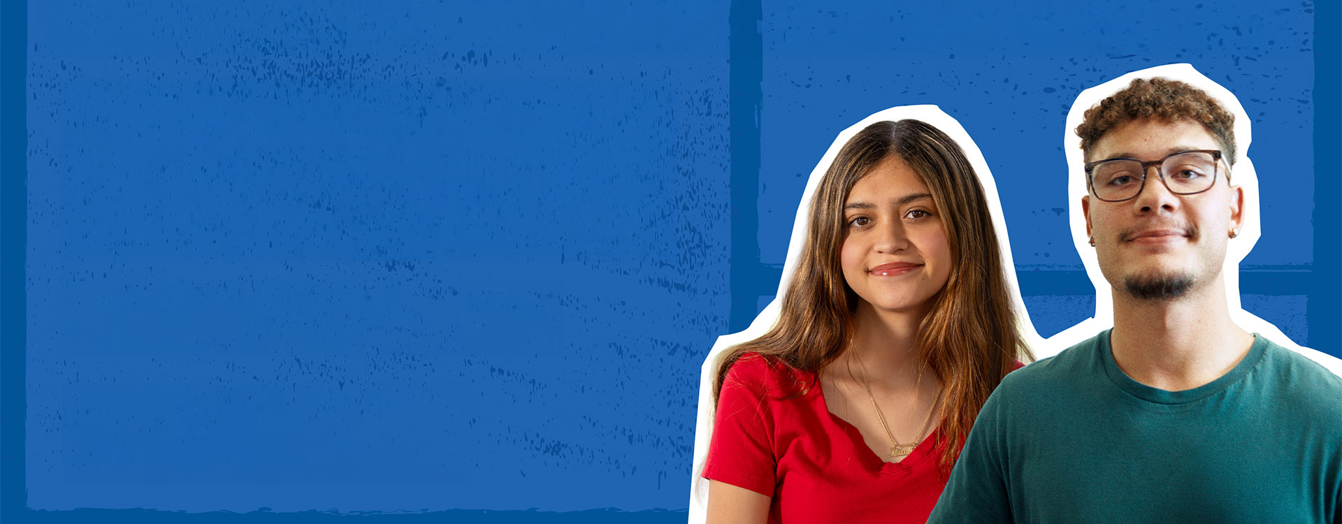 Two students on a blue textured background.