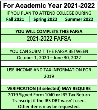 Complete the 2021-2022 FAFSA for the fall 2021 and spring 2022 semesters and for the summer 2022 term. This will require 2019 income information.