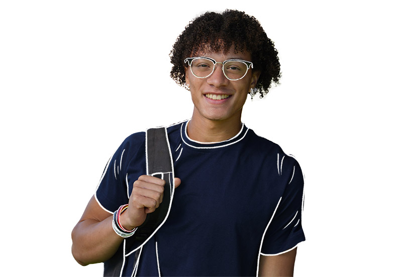 A male student with a backpack over one shoulder on a solid background