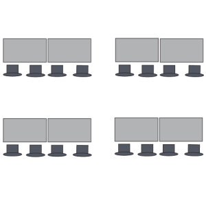Graphic with tables lined up and chairs facing the front.