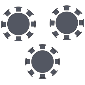 Graphic showing three round tables with chair surrounding.