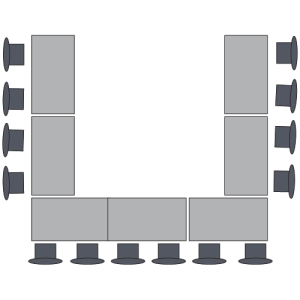 Graphic with tables arranged on three sides with chairs on the edges.