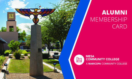 Photo of MCC stained glass thunderbird with clock tower in the background. Text on right side that says alumni membership card with MCC logo.