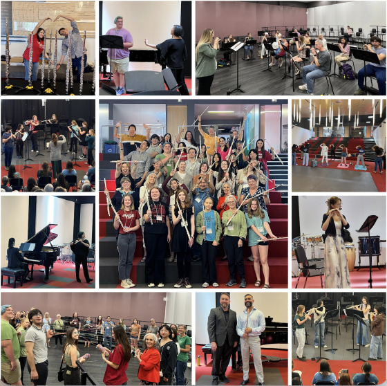 Collage of 11 photos from the 2025 flute camp. The center photo is a group of flutists in colorful attire having fun.