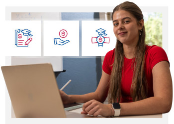 Student on a laptop with icons for paperwork, money awards, and diplomas.