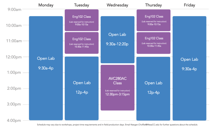 Spring 2023 Schedule      In-Person Open Lab  Room: AS-122  Monday - Friday 9:30 am - 4:00 pm  Wednesday 9:30 am - 12:20 pm  Tuesday - Thursday 12:00 pm - 4:00 pm