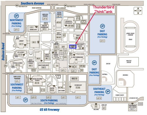 Map of MCC showing location with arrow of Thunderbird ThinkTank in Testing Center Building 38