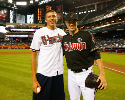 Pau Tonnensen with Arizona Diamondbacks All-Star pitcher Patrick Corbin, who caught the ceremonial first pitch thrown by Pau at the ceremony honoring him on July 10th at Chase Field.