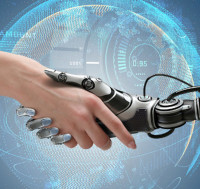 Robot hand shaking a human hand
