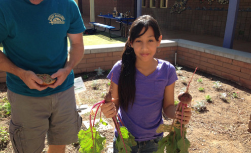 A girl holding vegetables.