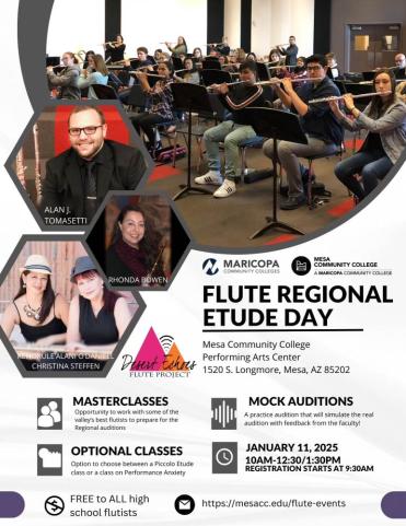 MCC Flute Regional Etude Day Flyer with photos of a group of High School flutists and the four professional clinicians