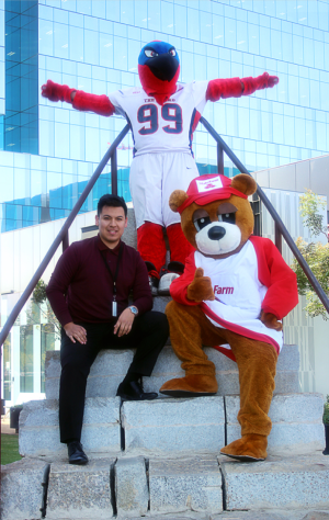 Thunderbird posing with State Farm Bear Mascot and Brian Perez