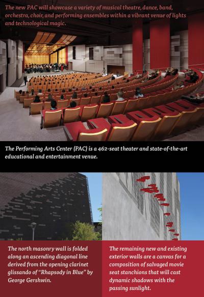 Image of flier with information about the interior and exterior of the new Performing Arts Center