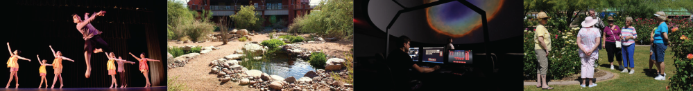 Collage of 4 pictures; 1. dancers on stage, 2. cienega at Red Mountain, 3. Person sitting in Planetarium, 4.