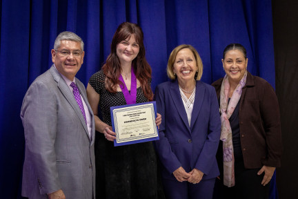 MCC President Dr. Richard Daniel, Gwendolyn Owen holding a certificate, MCC Vice President of Academic Affairs Dr. Joann Russell and the Director of MCC Journalism and New Media Studies, Nadine Arroyo Rodriguez.
