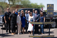 MCC Welding faculty and students with Arizona and City of Mesa elected leaders and Megan Keller and Brian Cooper of the Cade Keller Foundation.