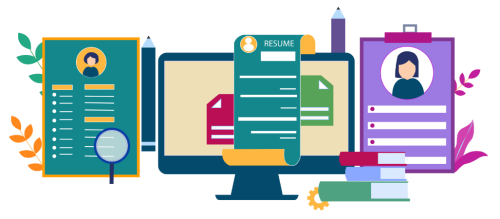 Illustration of resumes in paper and on screen.