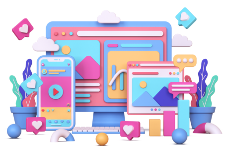 Illustration of a computer and phone with social media.