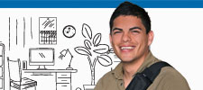 Headshot of a student, with black and white hand drawn style images of a desk and chair