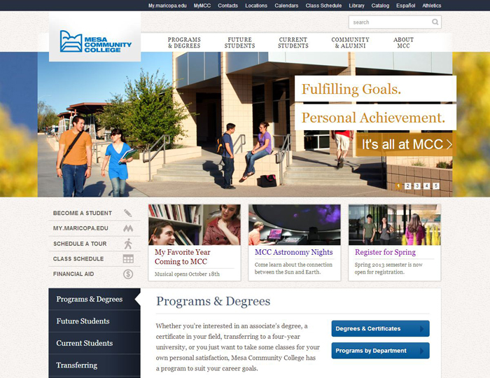 Image of new MCC homepage of website, with tabs, links and information about the college