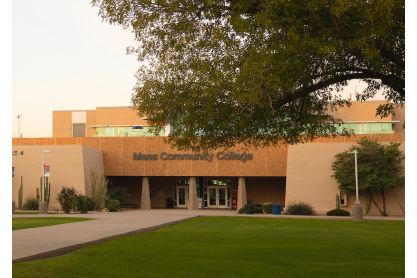 College building showing grass and a tree in the forefront