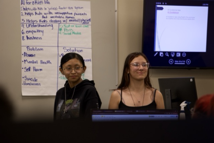 Two students presenting their AI project to the class.