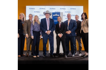 From left to right: Julie Spilsbury, council member, City of Mesa; Dr. Richard Daniel; Allison Grigg, senior vice president of economic development, Arizona Commerce Authority; Mesa Mayor Mark Freeman; Brad Davis, data center community and economic development director, Meta; Kevin Thompson, chairman, Arizona Corporation Commission; Scott Somers, vice mayor, City of Mesa; Alicia Goforth, council member, City of Mesa.