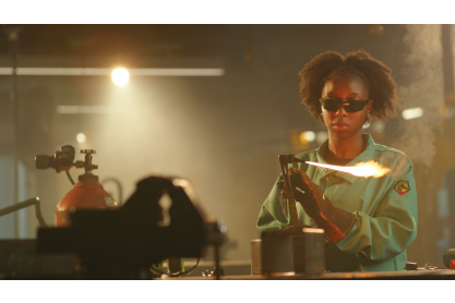 Excerpt from Multiple Choice film showing a woman wearing dark glasses with a lit blow torch. 