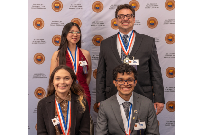 2026 MCC All-Arizona honorees Lena Nape, David Robinson, Toni-Ann Gardner and Pranay Modha wearing their All-Arizona medallions. 
