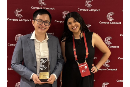 2025 Campus Compact Student Leadership Award recipient ​​​​​​​Florian Nguyen with Alejandra Maya.