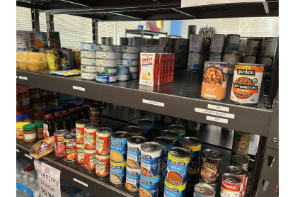Close up of pantry shelves with canned and boxed foods.