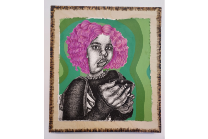 Paiting of a girl with pink hair holding a cup of coffee with a green background