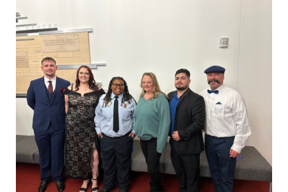2024 Paramedicine Academic Achievement awardees Bradley Thomas, Megan Smith, Sariya Griggs-Mitchell, Sarah Disney and Max Maldonado with MCC Paramedicine Program Director Jamie Tate.
