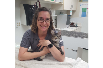 Smiling woman with shoulder-length brown hair wearing brown rimmed glasses and a grey polo shirt holding a grey kitten in a veterinary exam room. 